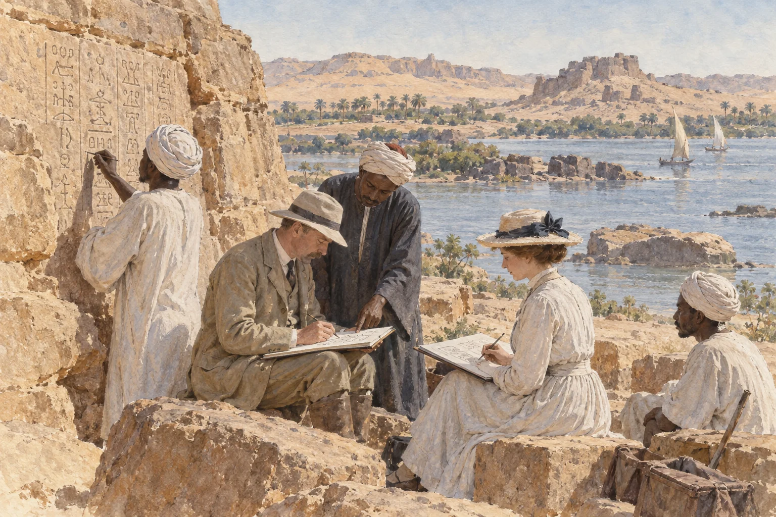 Francis Llewellyn Griffith — Relevés en Nubie avec Nora Griffith et des collaborateurs locaux, aquarelle de reconstitution