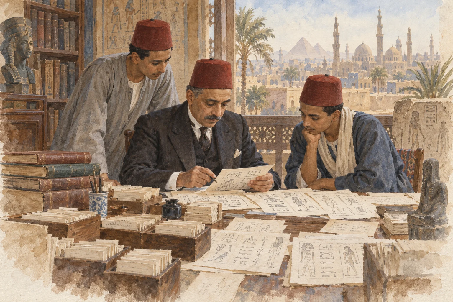Ahmed Kamal Pacha — Étude du lexique avec de jeunes collègues, aquarelle de reconstitution