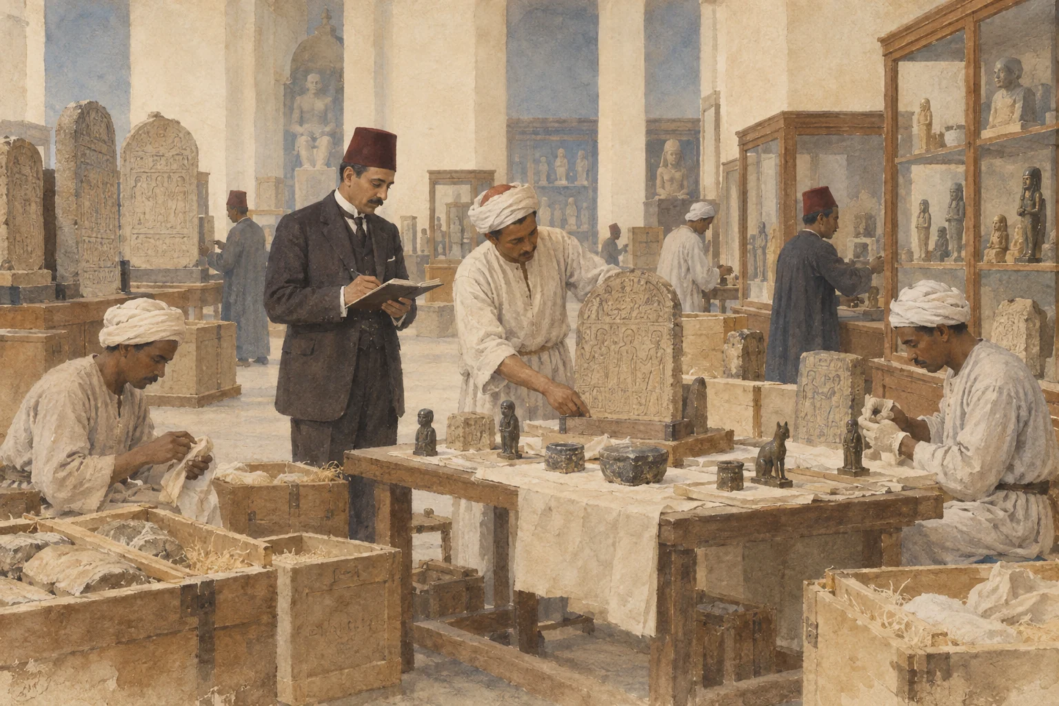 Ahmed Kamal Pacha — Catalogage collectif au musée du Caire, aquarelle de reconstitution
