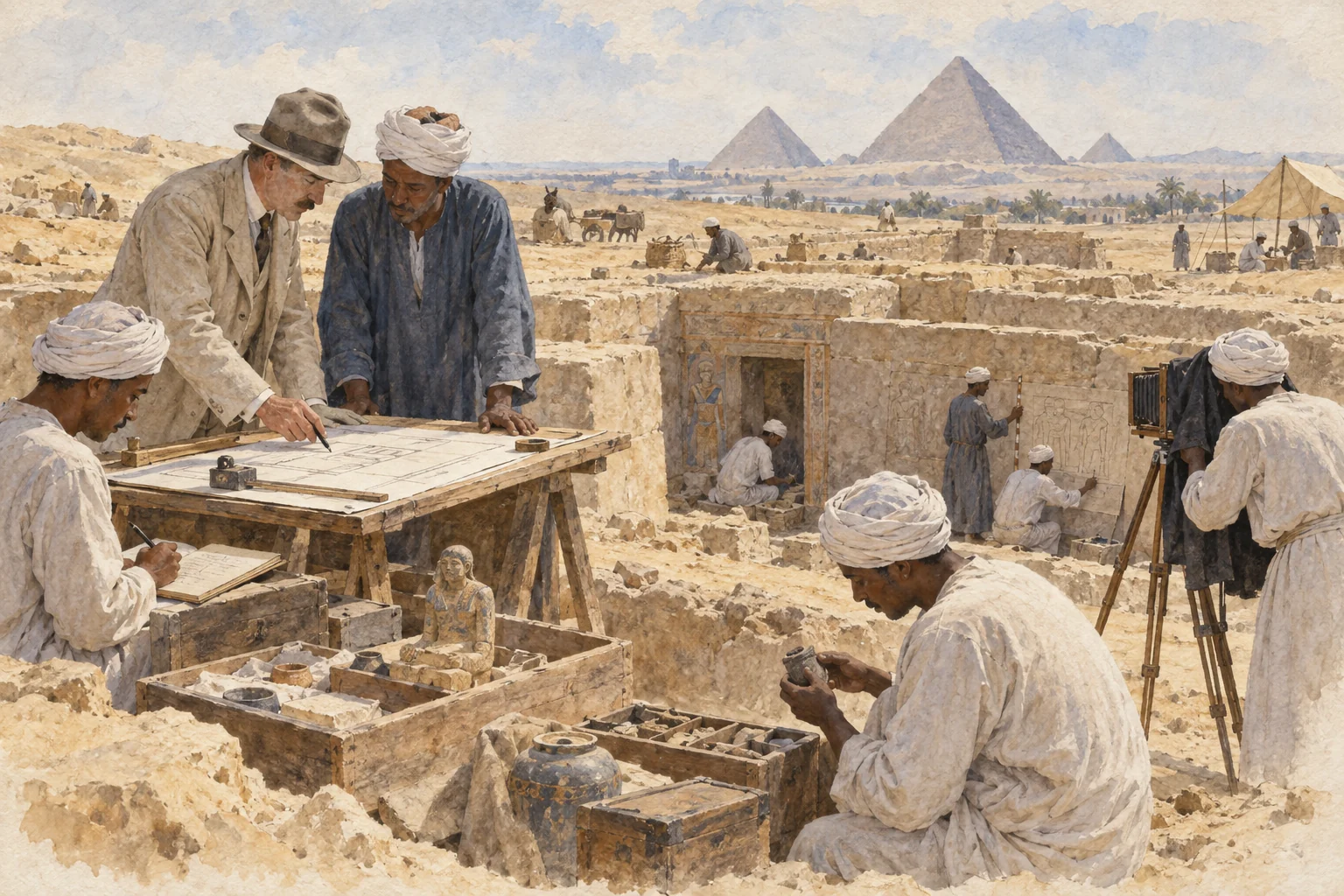 George Andrew Reisner — Relevés et photographie avec l'équipe égyptienne, aquarelle de reconstitution