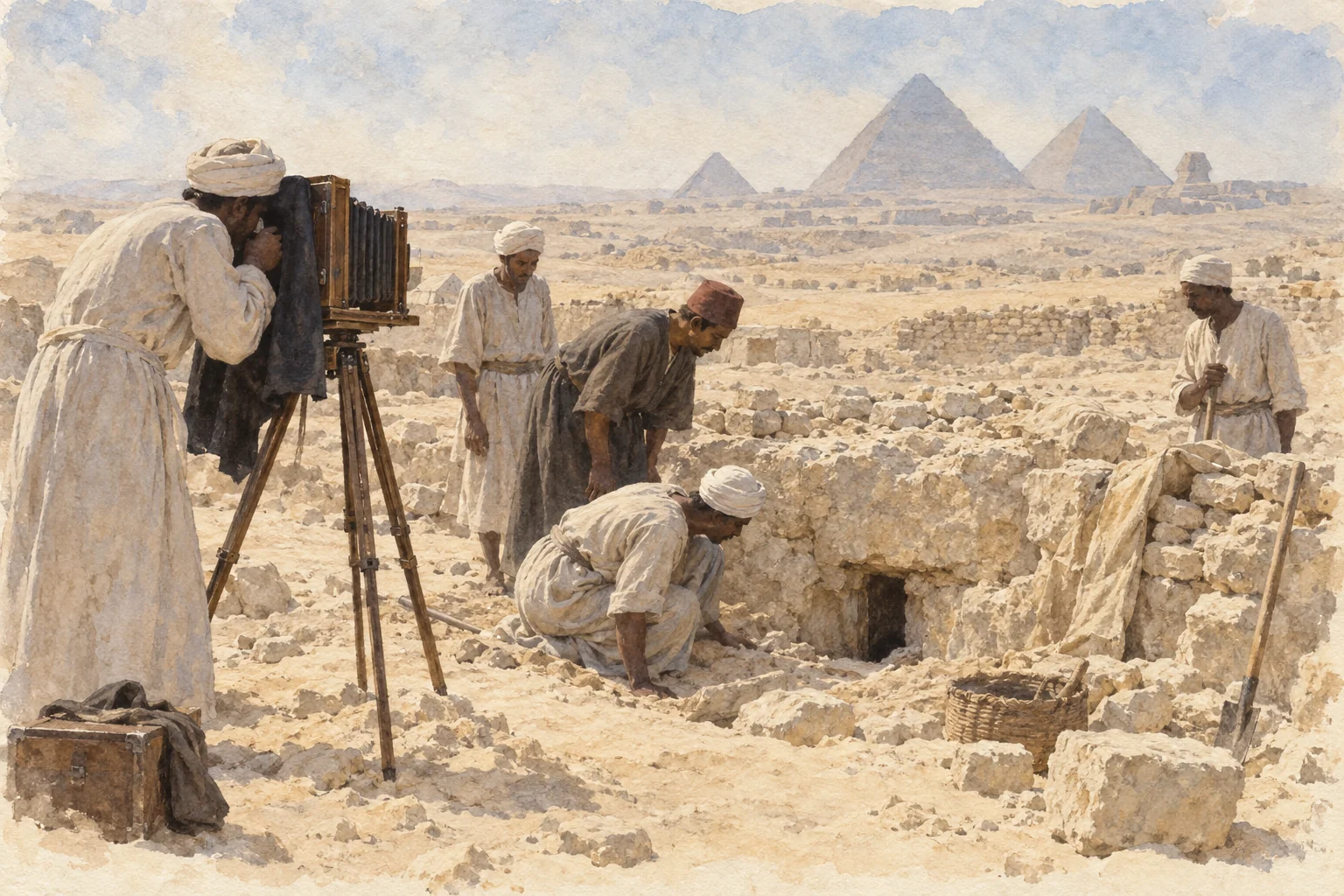George Andrew Reisner — Mohammedani Ibrahim et l'équipe découvrent le puits d'Hétéphérès ; Reisner est absent, aquarelle de reconstitution