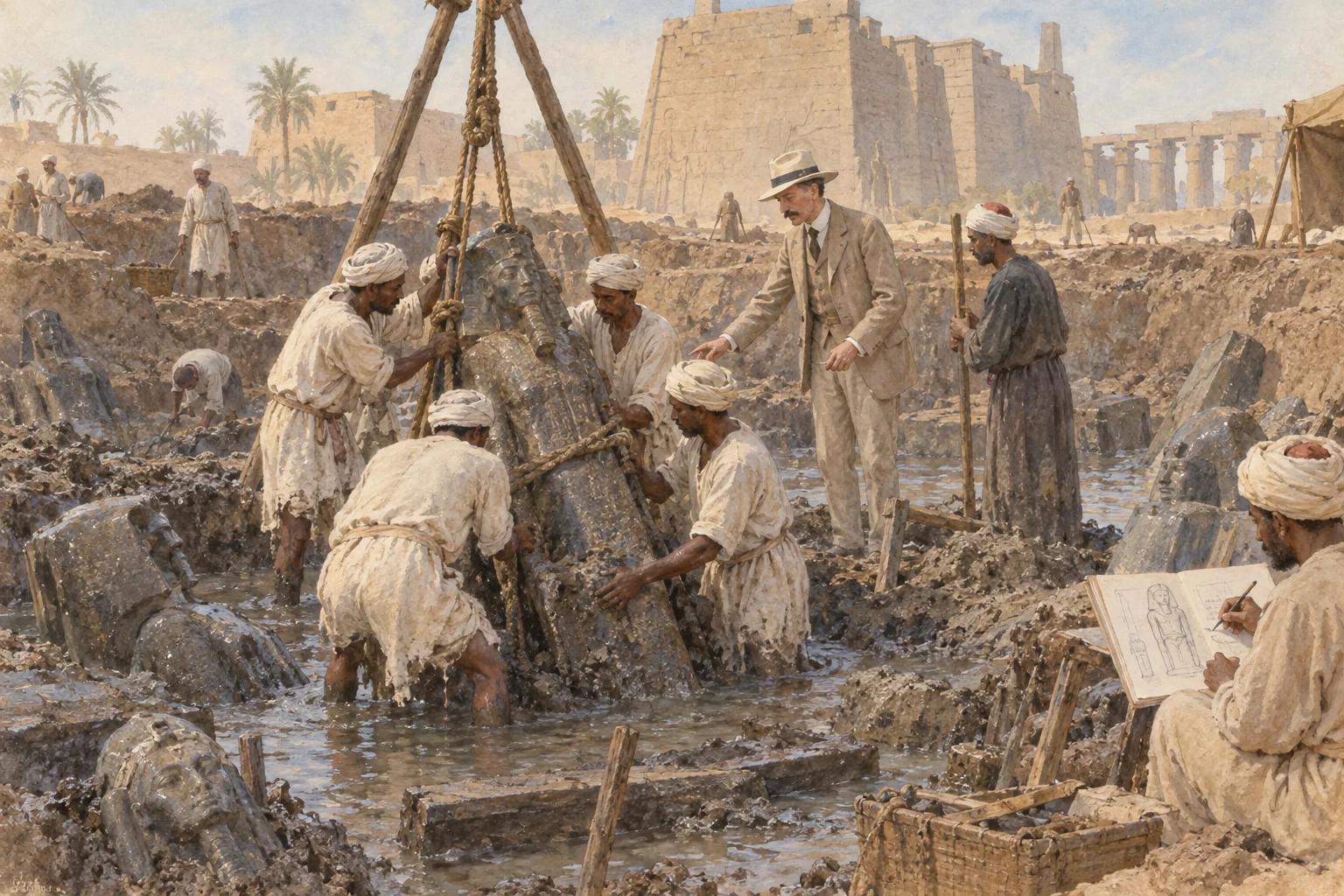 Georges Legrain — Découverte de la Cachette de Karnak avec l'équipe égyptienne, aquarelle de reconstitution