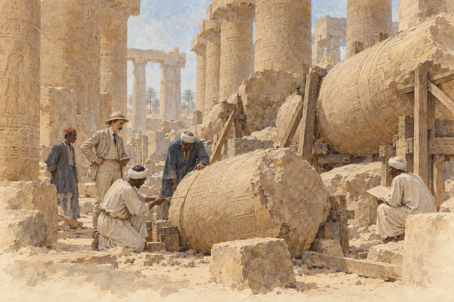 Georges Legrain — Étude des colonnes effondrées de la salle hypostyle, aquarelle de reconstitution