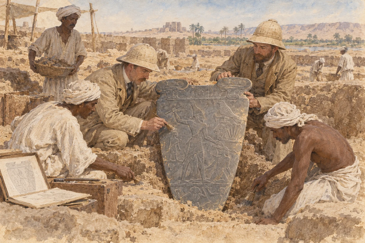 James Quibell — Évocation de la fouille à Hiérakonpolis avec Green et l'équipe égyptienne, aquarelle de reconstitution
