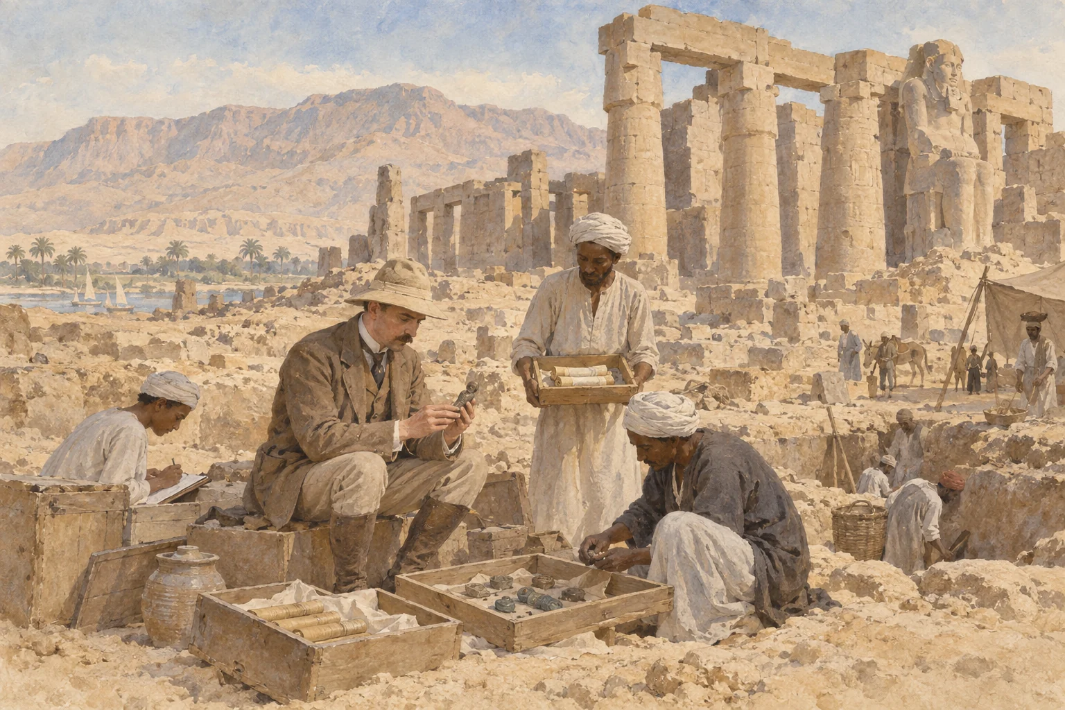 James Quibell — Travail sur les papyrus du Ramesseum, aquarelle de reconstitution