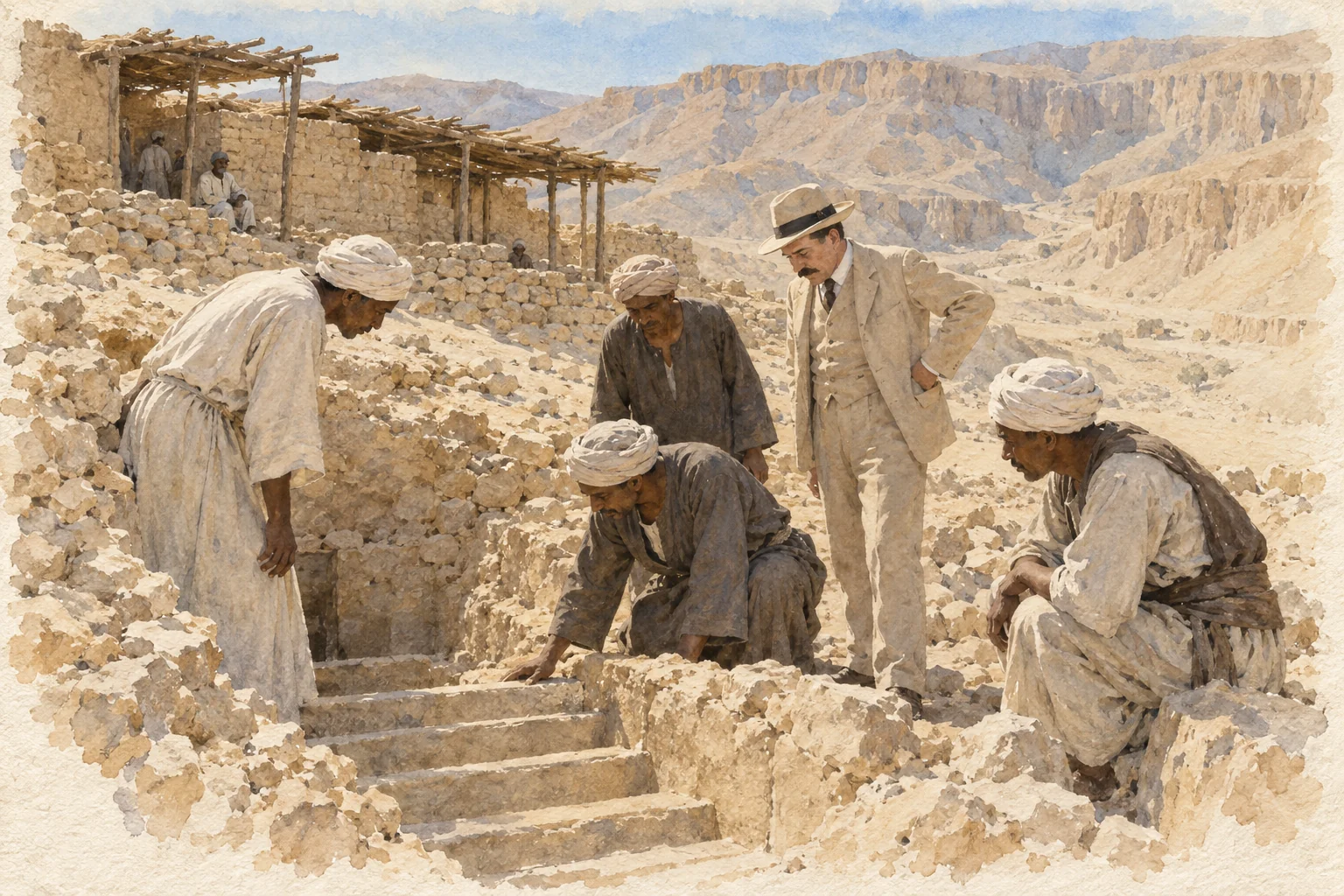 Howard Carter — L'équipe égyptienne examine les premières marches, aquarelle de reconstitution
