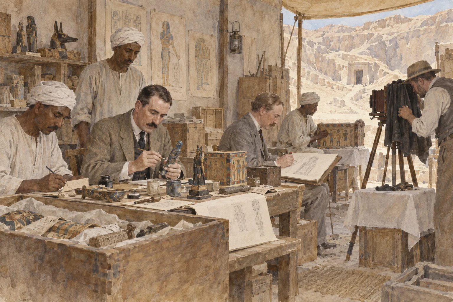 Howard Carter — Enregistrement et conservation des objets, aquarelle de reconstitution