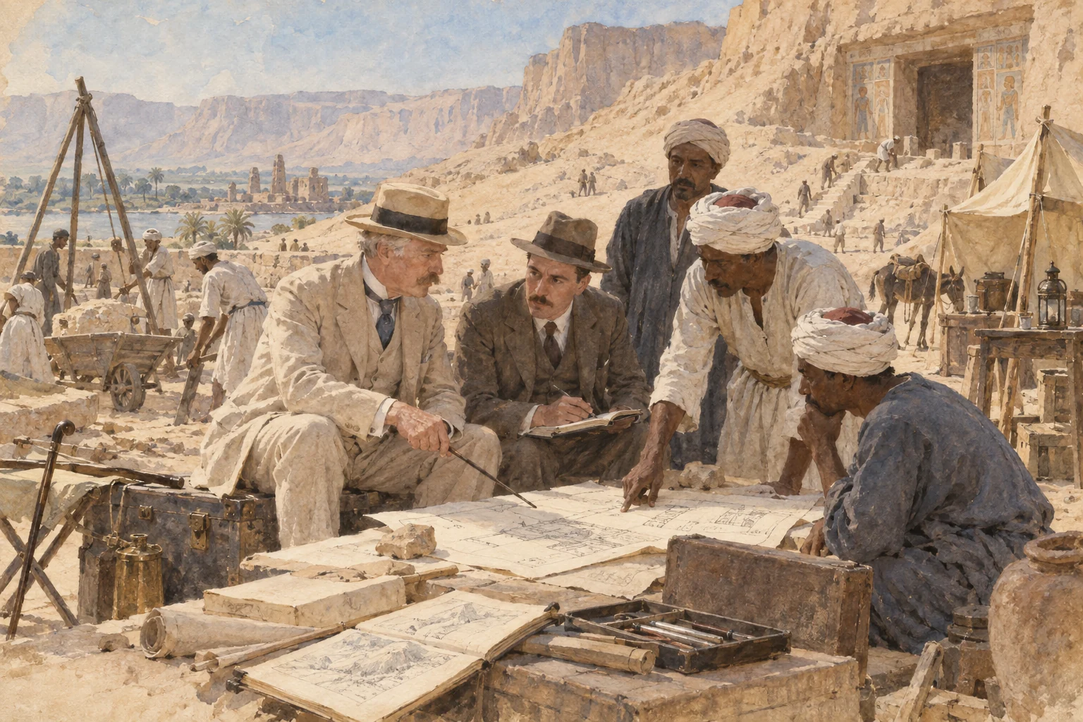 Lord Carnarvon — Préparation des campagnes à Thèbes avec Carter et l'équipe égyptienne, aquarelle de reconstitution