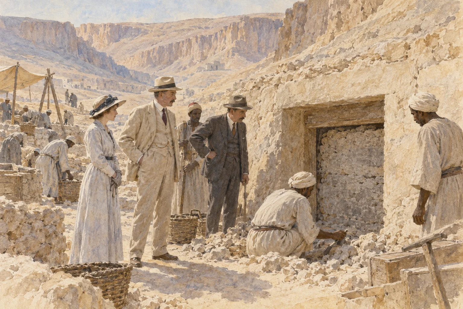 Lord Carnarvon — Carnarvon et Evelyn à l'entrée de la tombe après la découverte, aquarelle de reconstitution