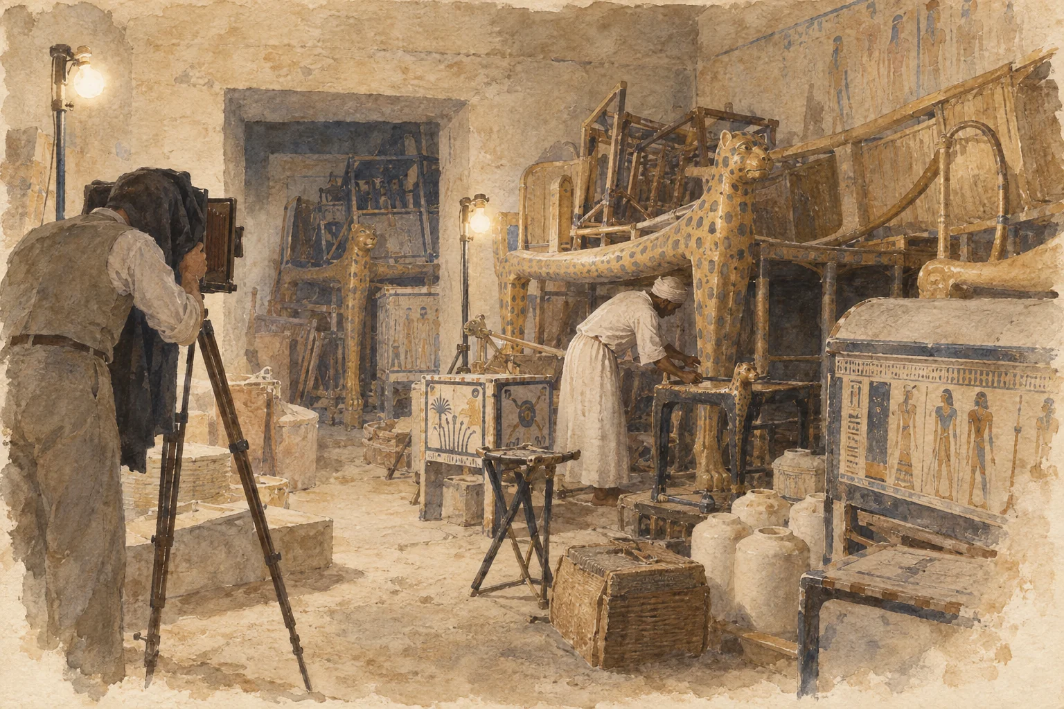 Harry Burton — Documentation photographique des objets en place, aquarelle de reconstitution