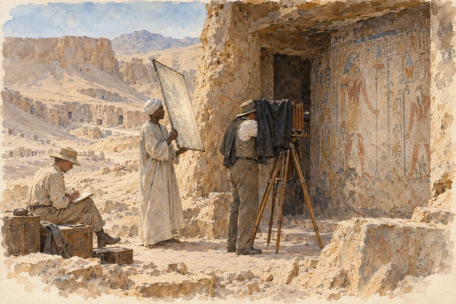 Harry Burton — Photographie d'un relief thébain avec l'équipe, aquarelle de reconstitution
