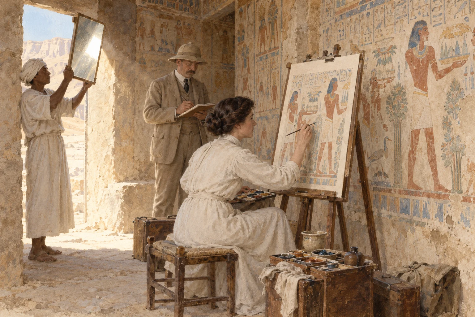 Nina de Garis Davies — Réalisation d'un fac-similé avec l'aide d'un miroir, aquarelle de reconstitution
