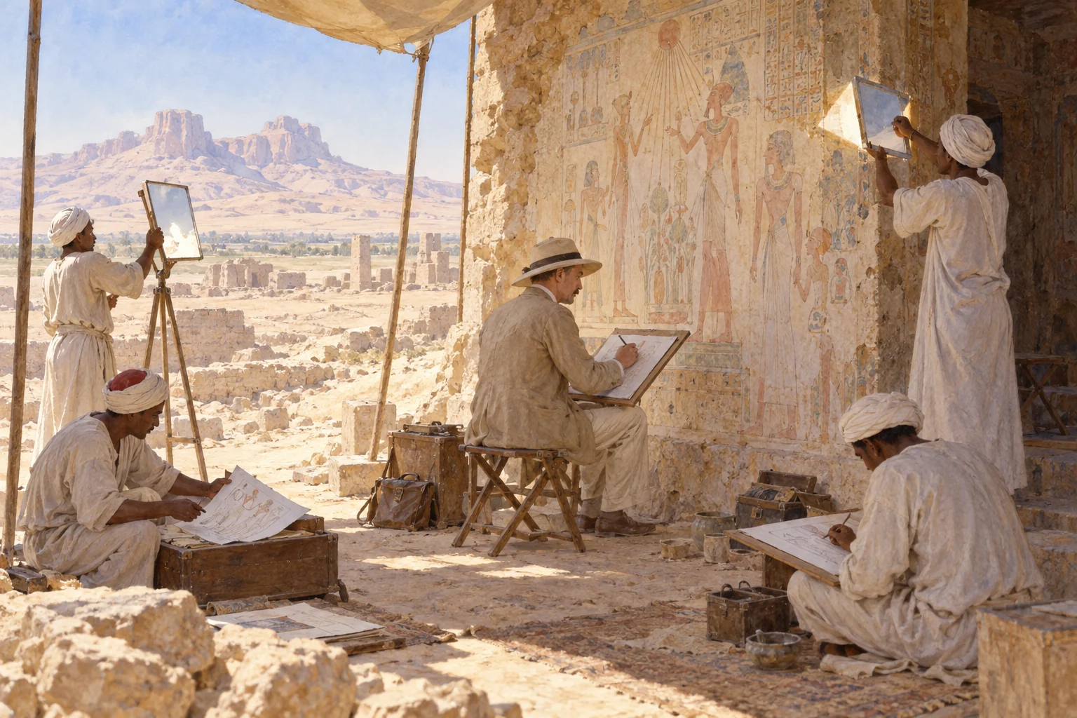 Norman de Garis Davies — Travail collectif de copie à Amarna, aquarelle de reconstitution