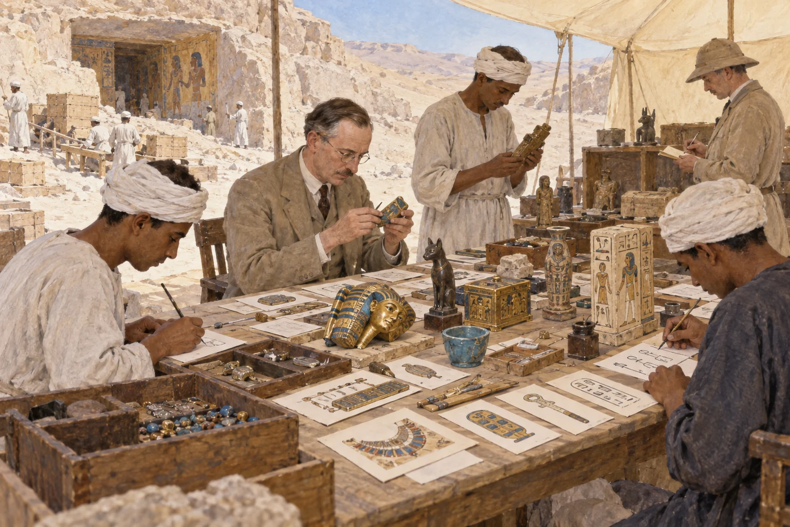 Alan Gardiner — Documentation collective d'objets et d'inscriptions, aquarelle de reconstitution