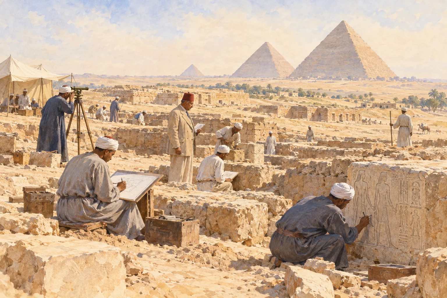 Sélim Hassan — Relevés collectifs d'une nécropole, aquarelle de reconstitution