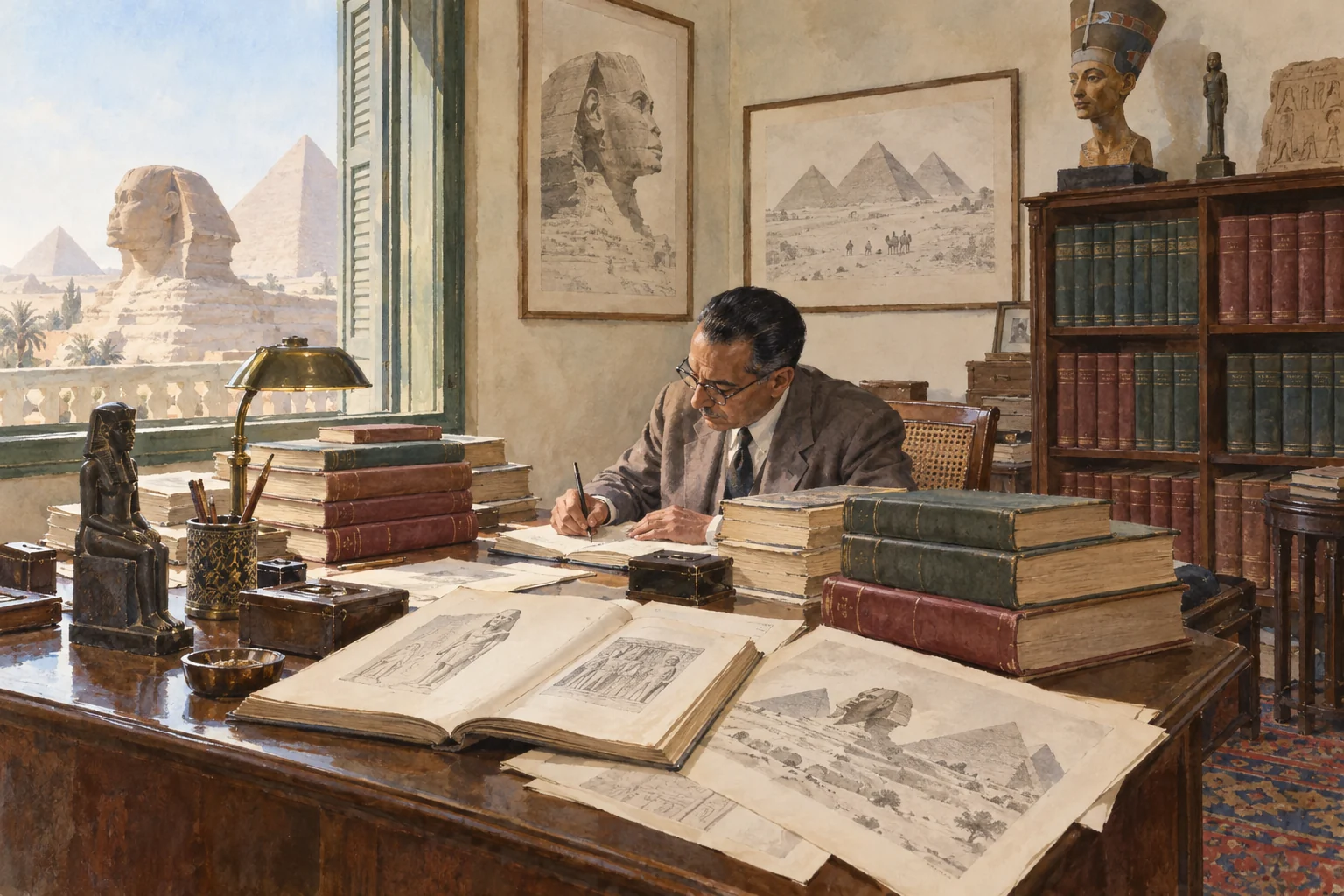 Sélim Hassan — Écriture et diffusion d'une histoire de l'Égypte, aquarelle de reconstitution