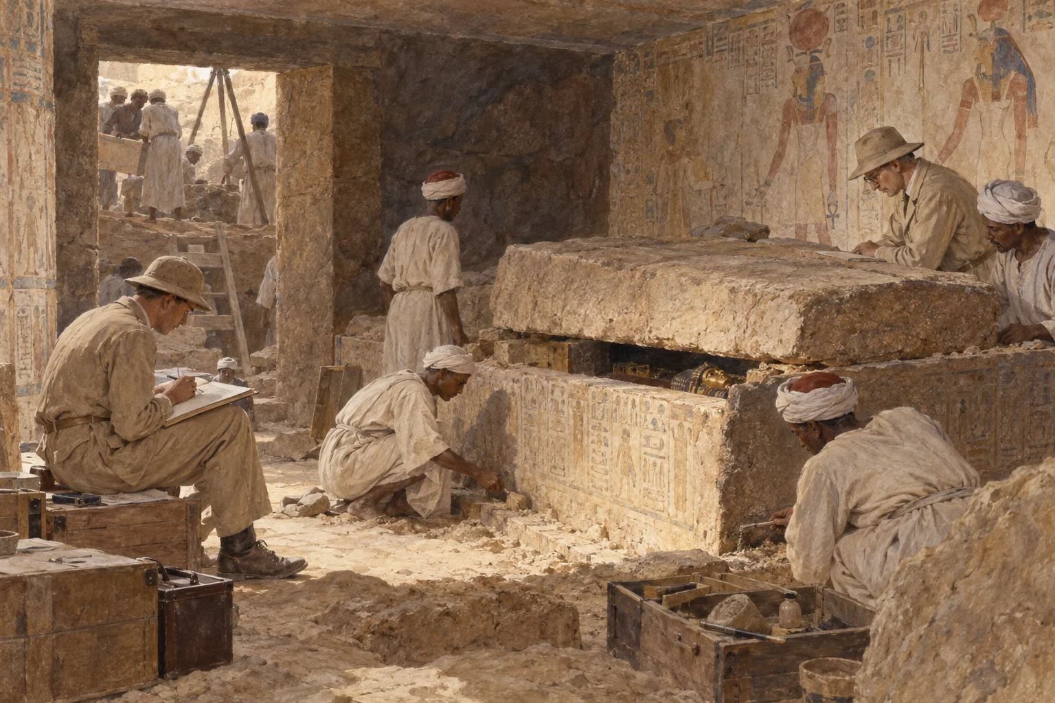 Pierre Montet — Documentation d'une sépulture royale, aquarelle de reconstitution