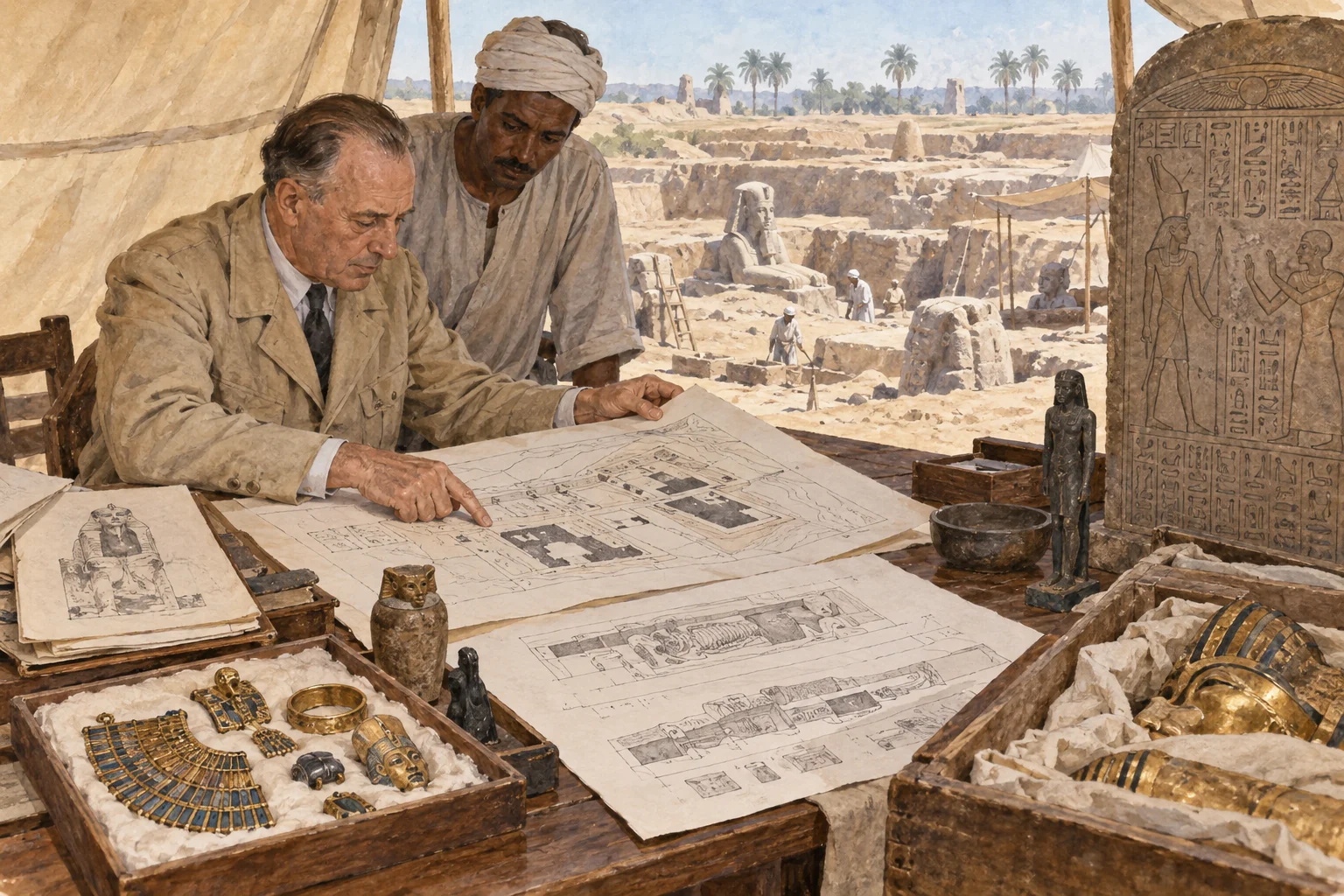 Pierre Montet — Étude des plans et des objets de Tanis, aquarelle de reconstitution