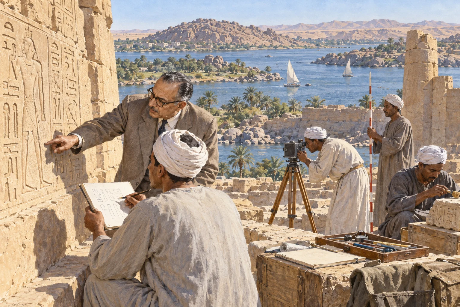 Labib Habachi — Étude des inscriptions à Assouan, aquarelle de reconstitution