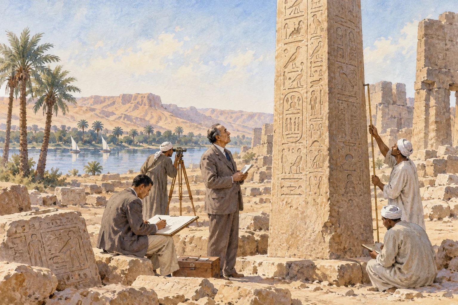 Labib Habachi — Relevé d'un obélisque, aquarelle de reconstitution