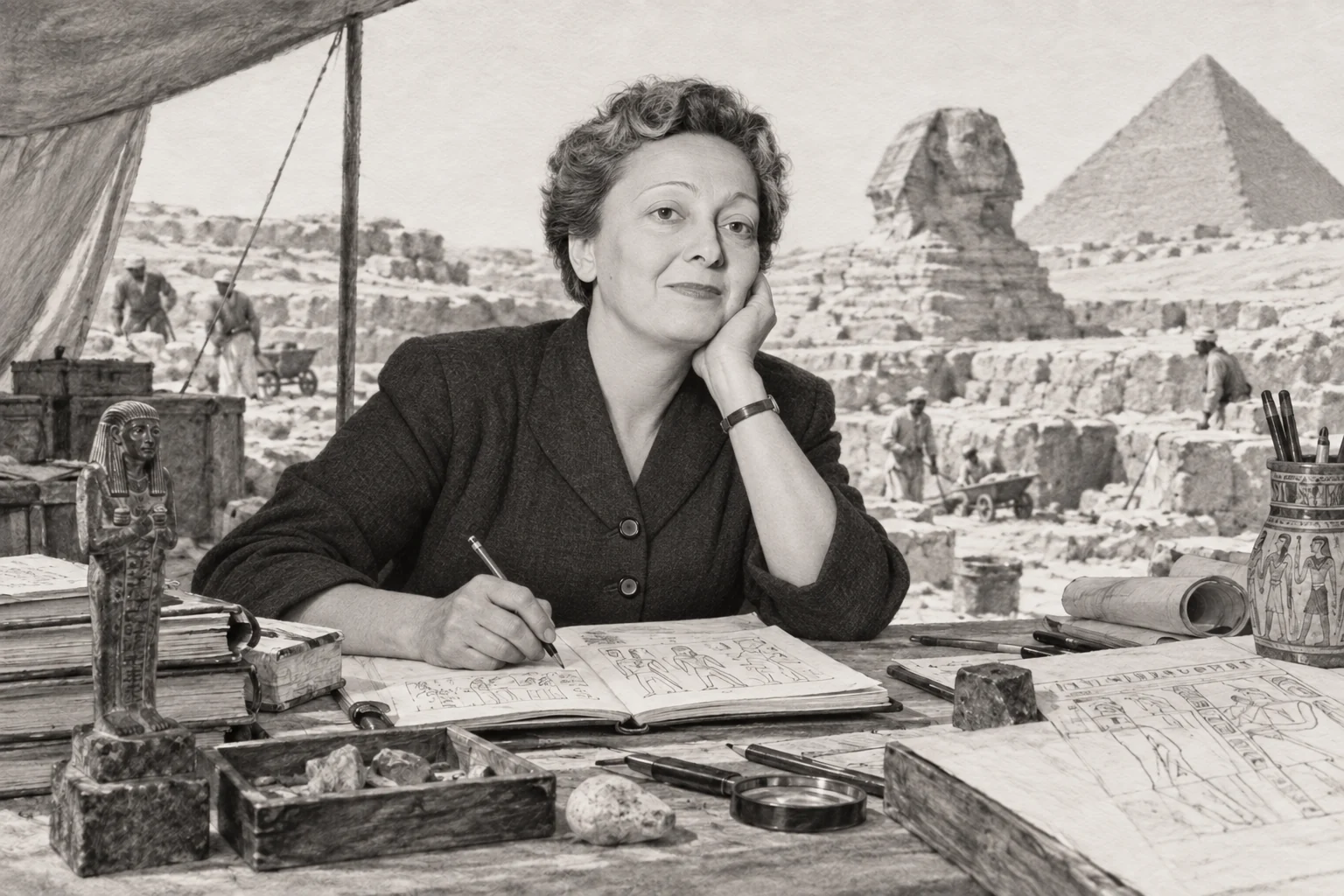 Portrait interprété de Christiane Desroches Noblecourt, devant des documents de travail — dessin photographique de reconstitution en noir et blanc