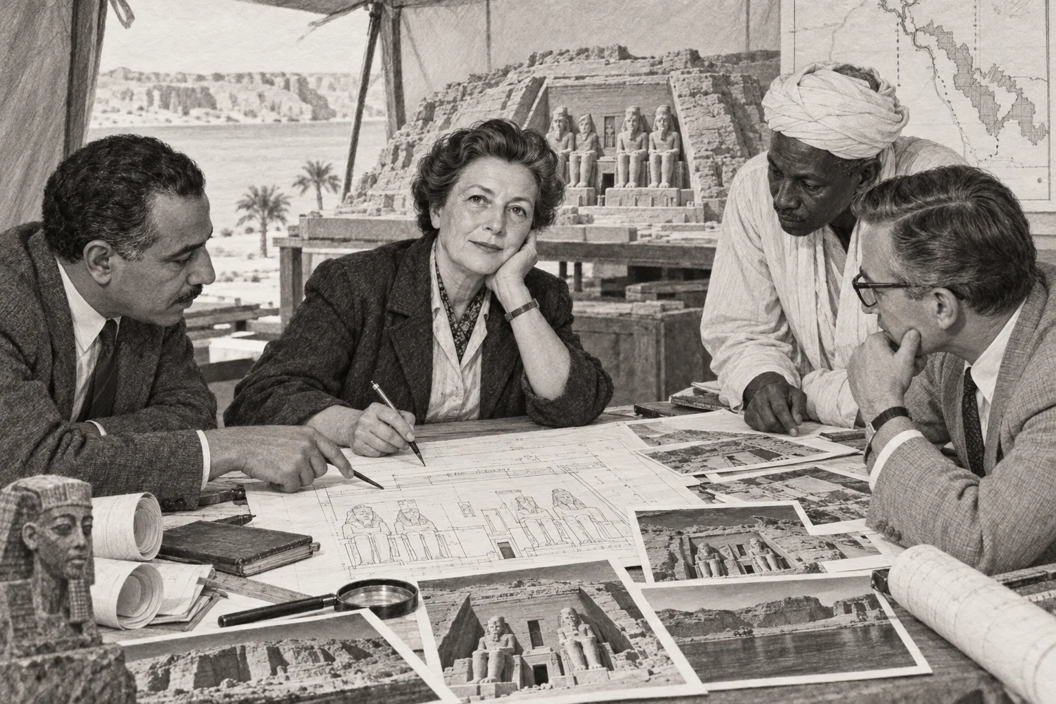 Préparation collective des relevés pour la sauvegarde des monuments de Nubie — dessin photographique de reconstitution en noir et blanc