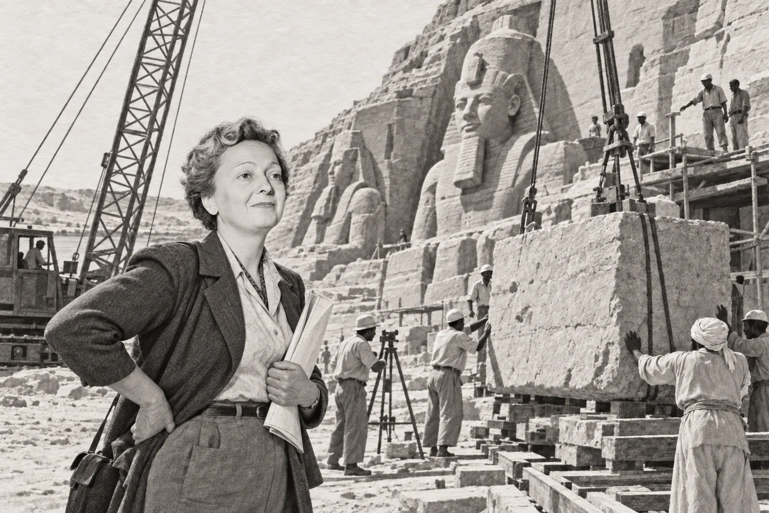 Déplacement d’un bloc monumental à Abou Simbel, avec les équipes du chantier — dessin photographique de reconstitution en noir et blanc