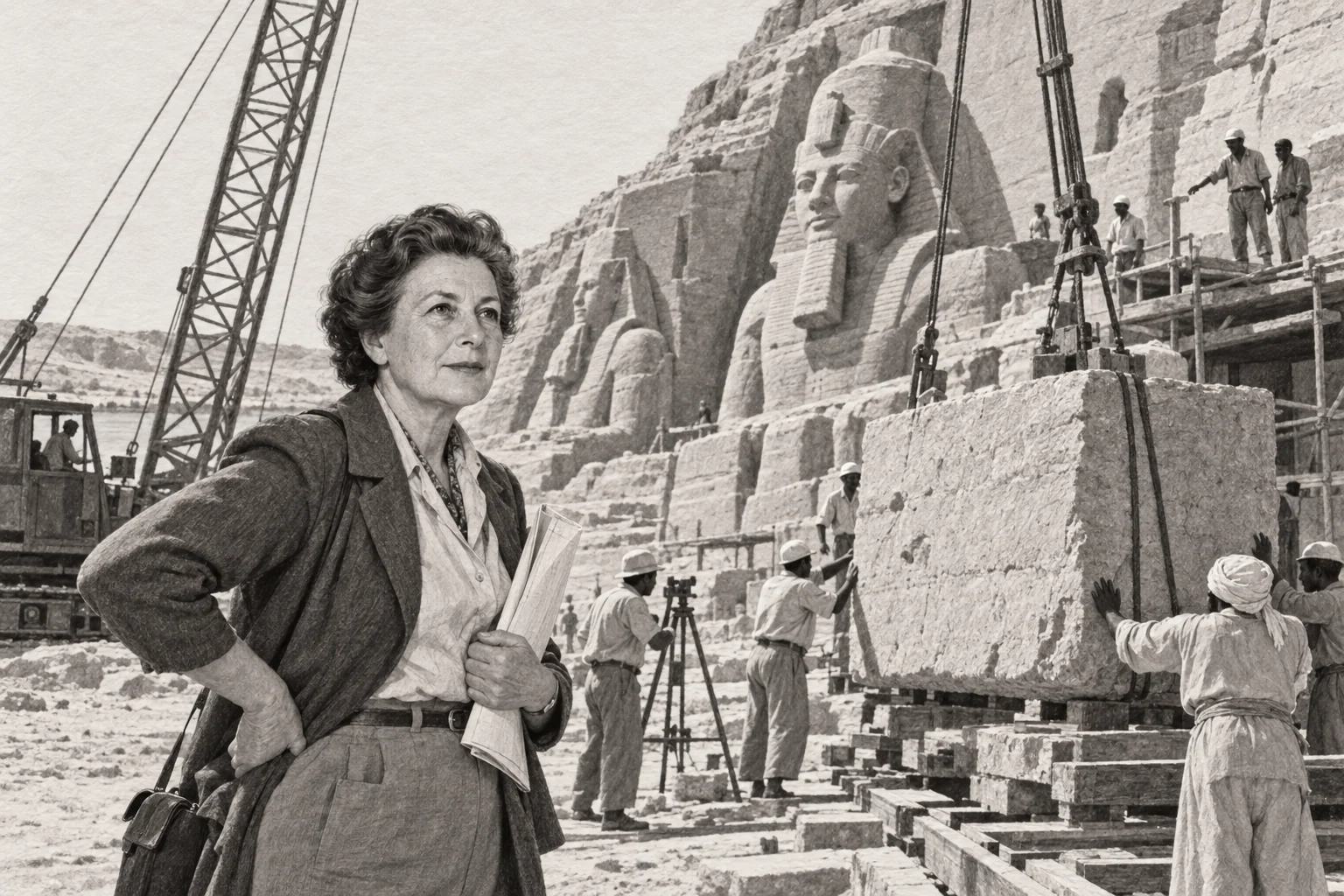 Déplacement d’un bloc monumental à Abou Simbel, avec les équipes du chantier — dessin photographique de reconstitution en noir et blanc