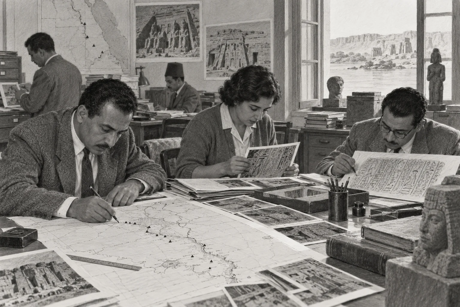 Le travail documentaire qui précède la campagne internationale de Nubie — dessin photographique de reconstitution en noir et blanc
