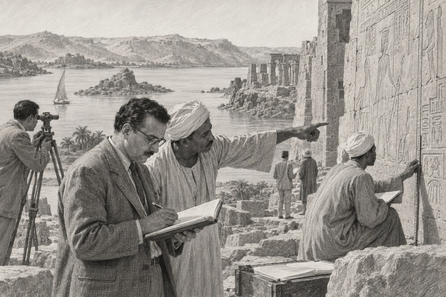 Observation des monuments menacés sur les rives du Nil — dessin photographique de reconstitution en noir et blanc
