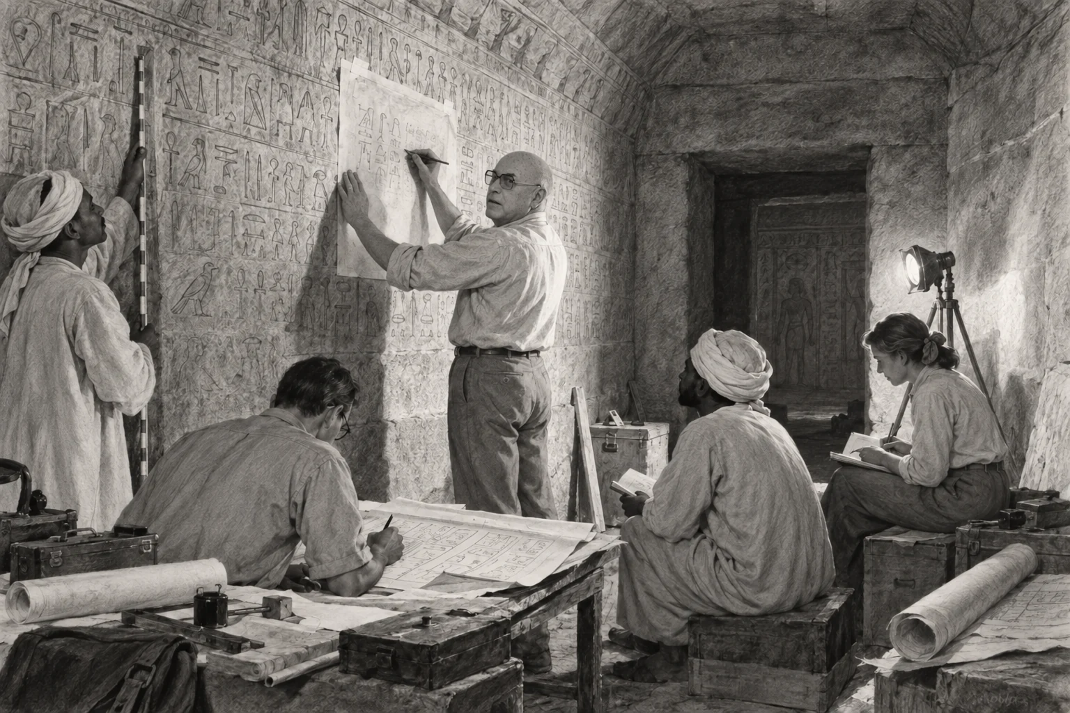 Relevé collectif des Textes des pyramides à Saqqarah — dessin photographique de reconstitution en noir et blanc