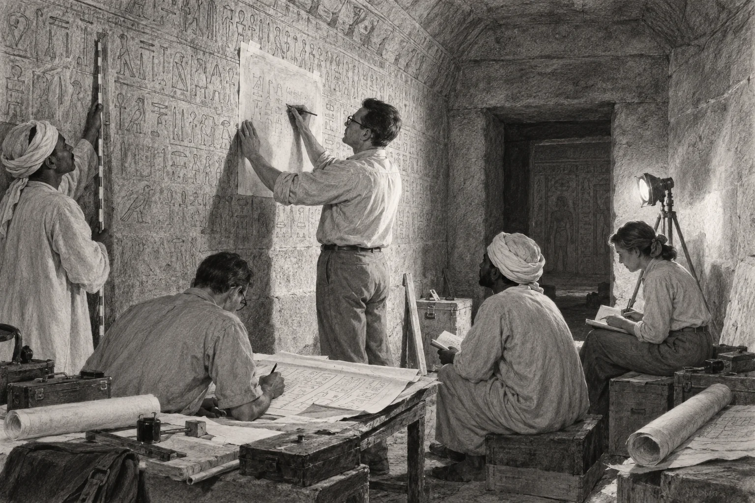 Relevé collectif des Textes des pyramides à Saqqarah — dessin photographique de reconstitution en noir et blanc