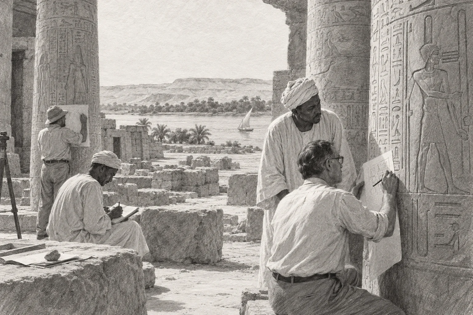Mission épigraphique dans la vallée du Nil au Soudan — dessin photographique de reconstitution en noir et blanc