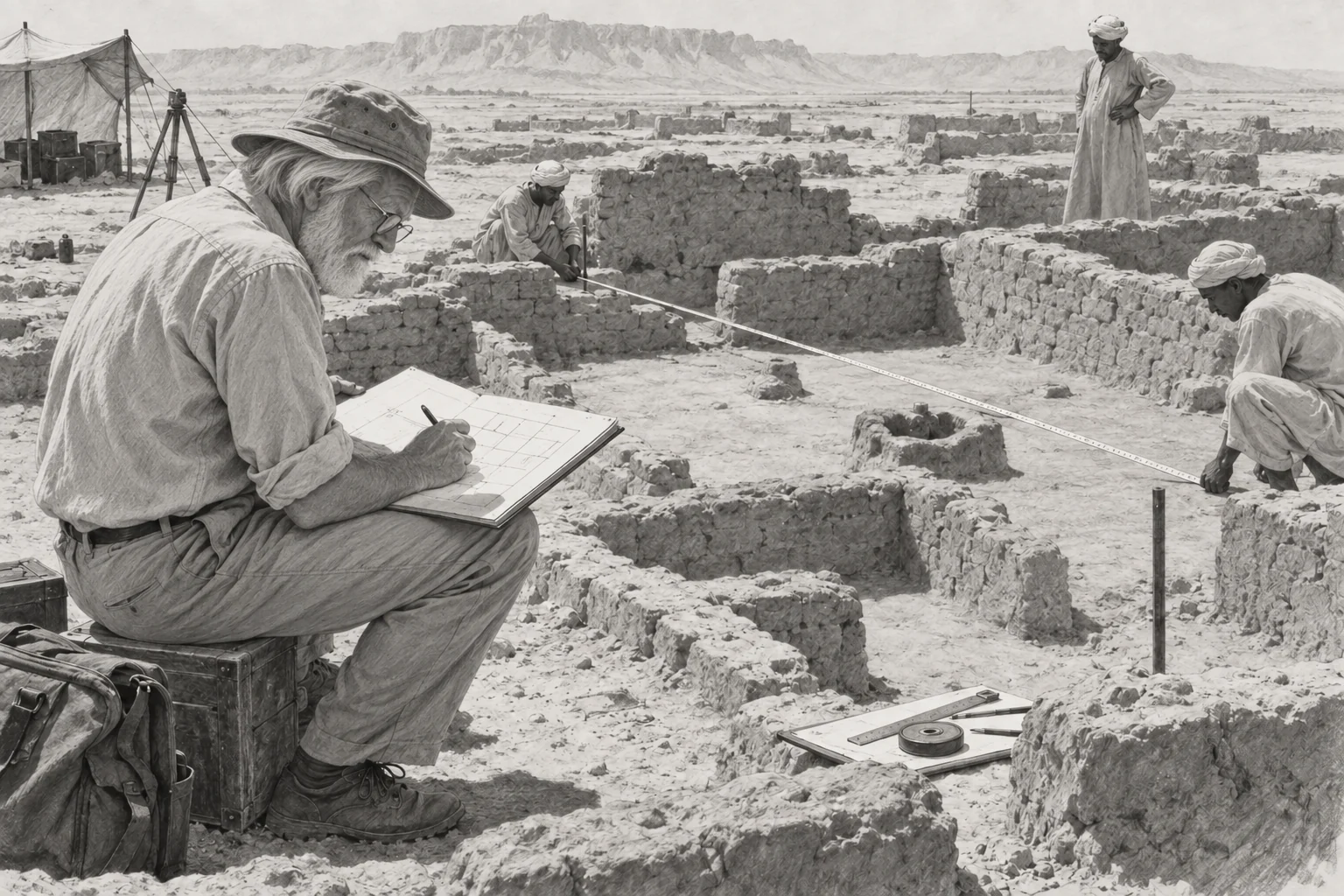 Plan et carnet de terrain dans un quartier d’Amarna — dessin photographique de reconstitution en noir et blanc