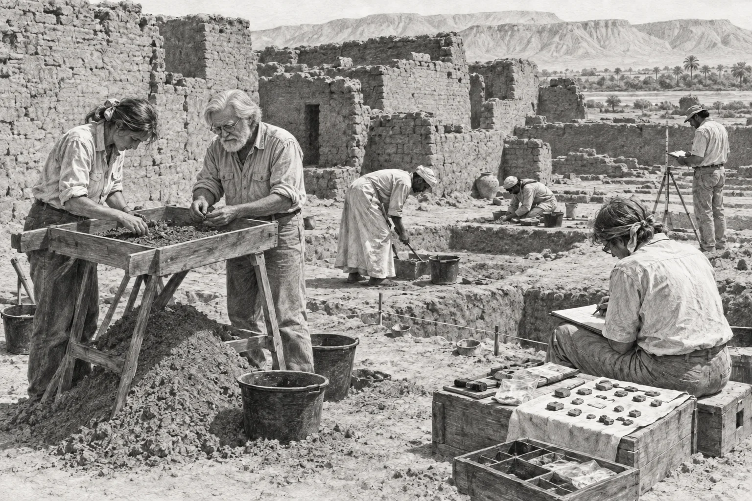 Fouille attentive des sols et des petits objets au village des ouvriers — dessin photographique de reconstitution en noir et blanc