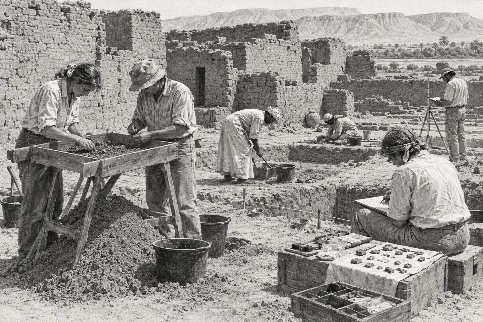 Fouille attentive des sols et des petits objets au village des ouvriers — dessin photographique de reconstitution en noir et blanc