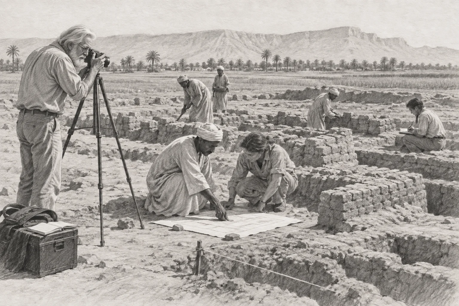 Enregistrement d’un secteur menacé à Kom el-Nana — dessin photographique de reconstitution en noir et blanc