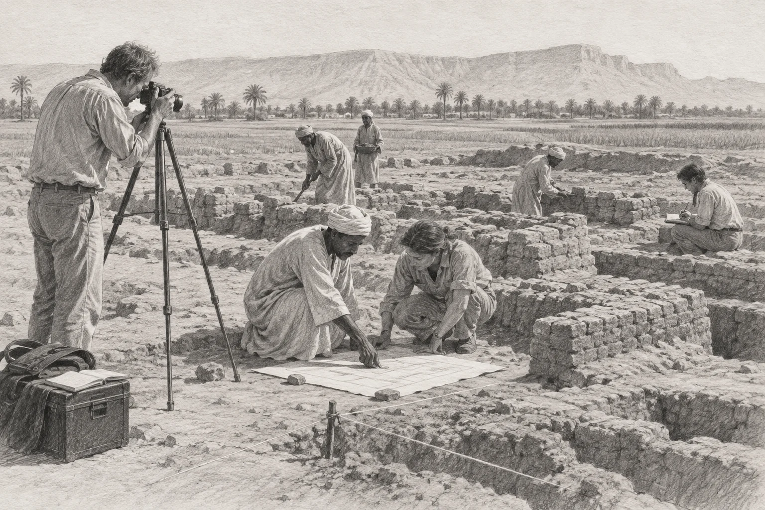 Enregistrement d’un secteur menacé à Kom el-Nana — dessin photographique de reconstitution en noir et blanc