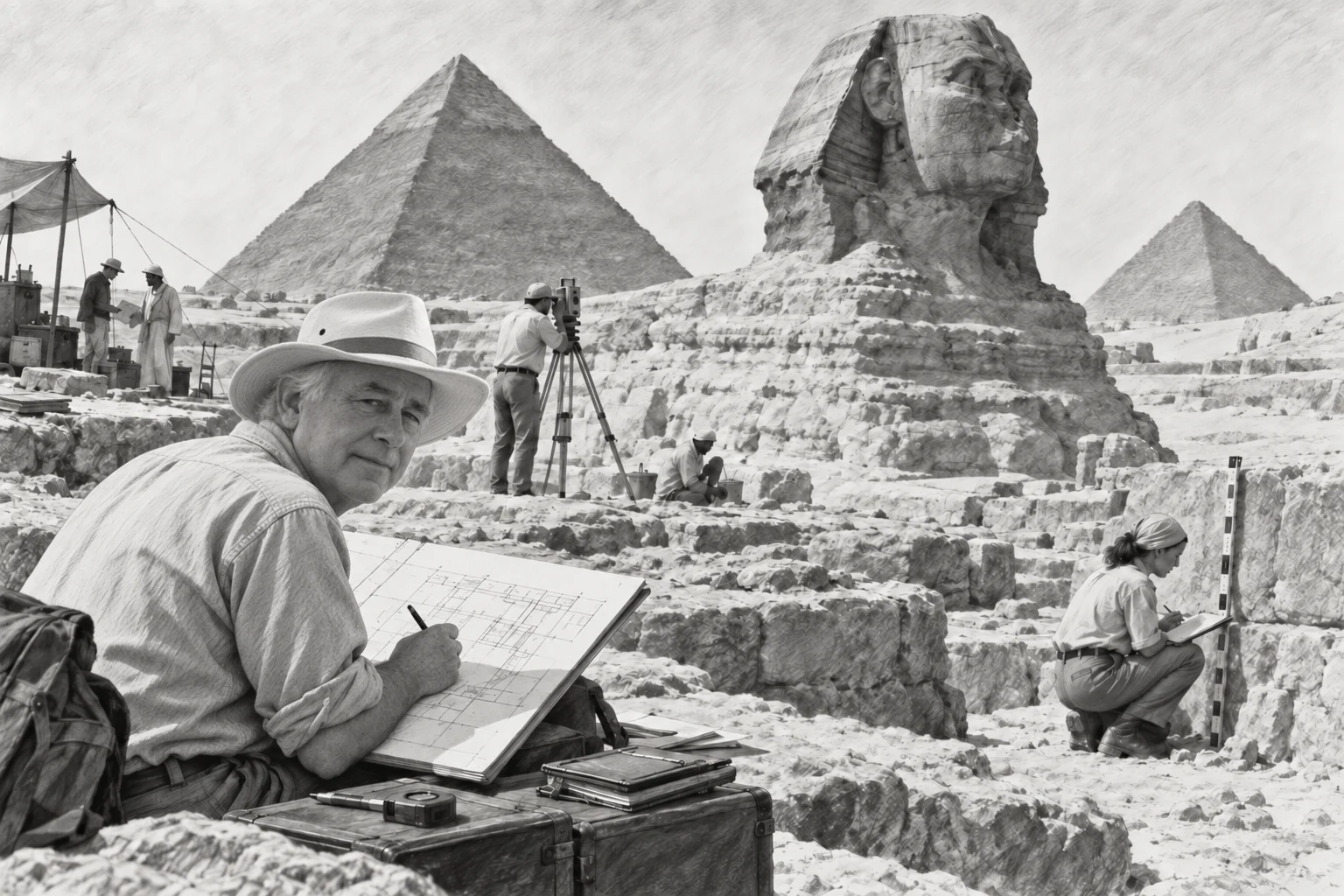 Cartographie du plateau de Gizeh et du Sphinx — dessin photographique de reconstitution en noir et blanc