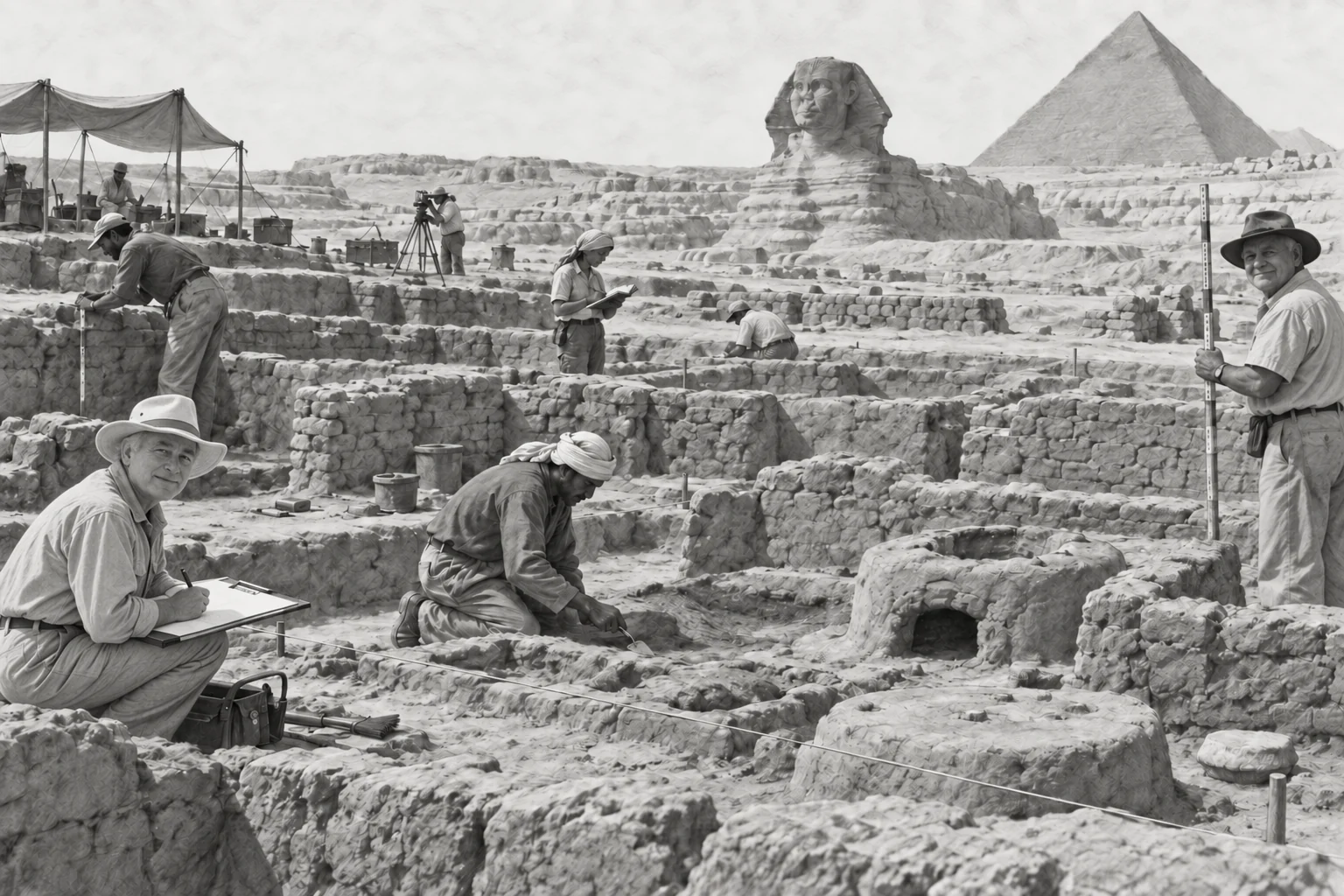 Fouille des installations des bâtisseurs à Heit el-Ghurab — dessin photographique de reconstitution en noir et blanc