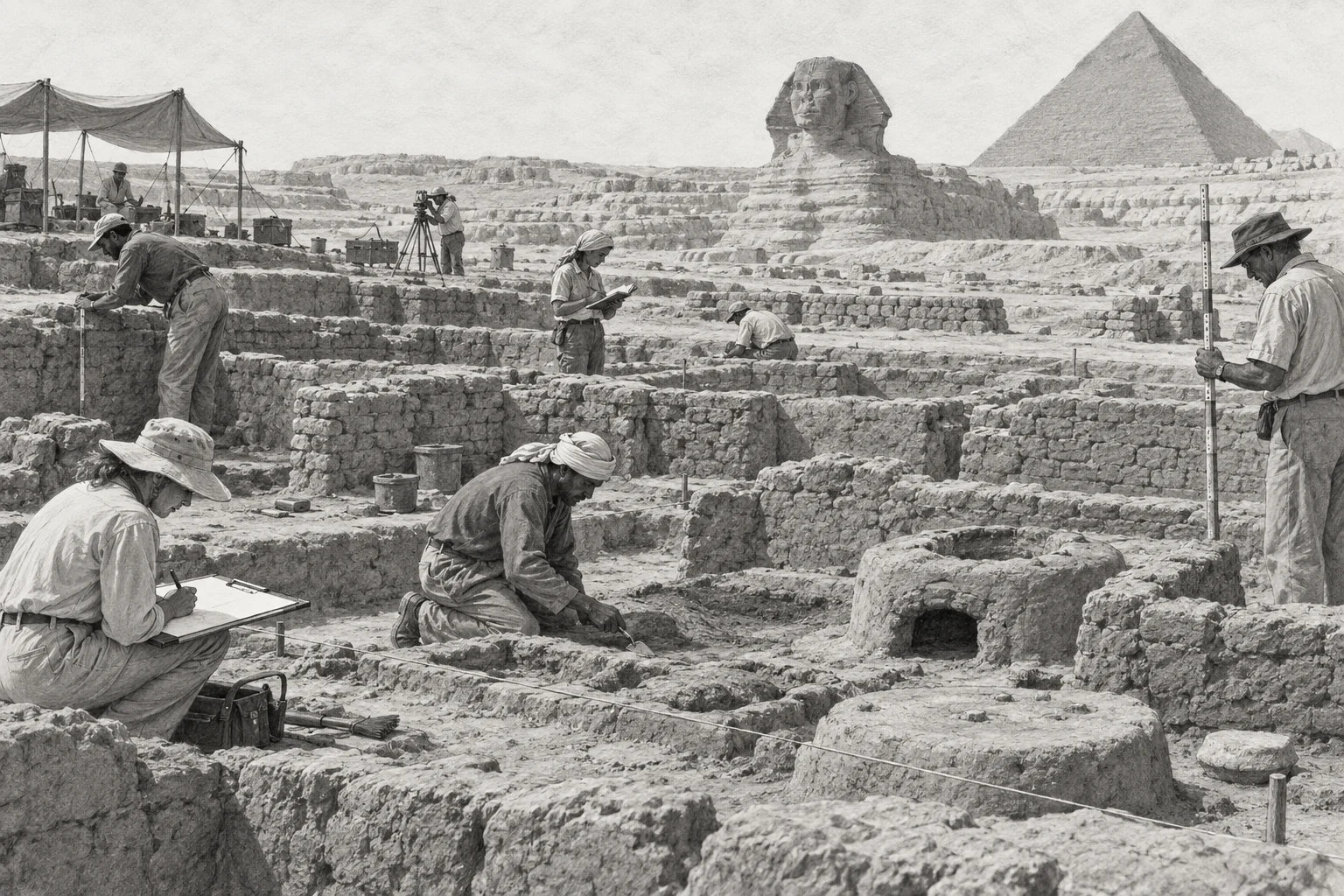 Fouille des installations des bâtisseurs à Heit el-Ghurab — dessin photographique de reconstitution en noir et blanc
