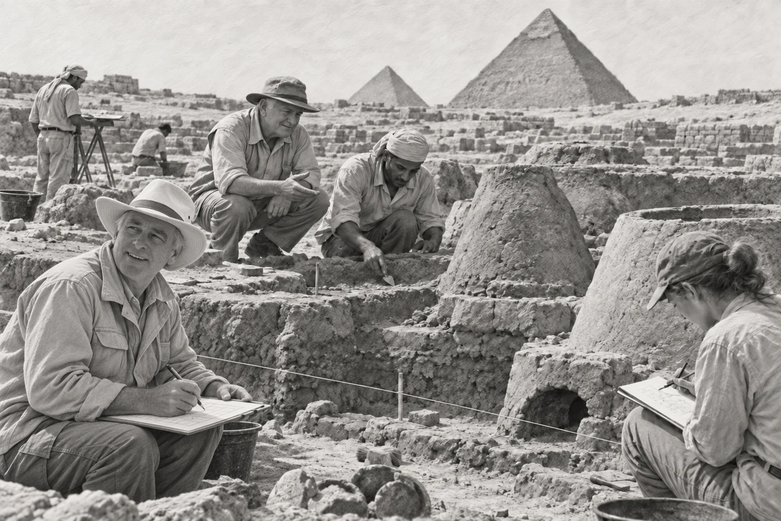 Formation de terrain auprès des archéologues égyptiens — dessin photographique de reconstitution en noir et blanc