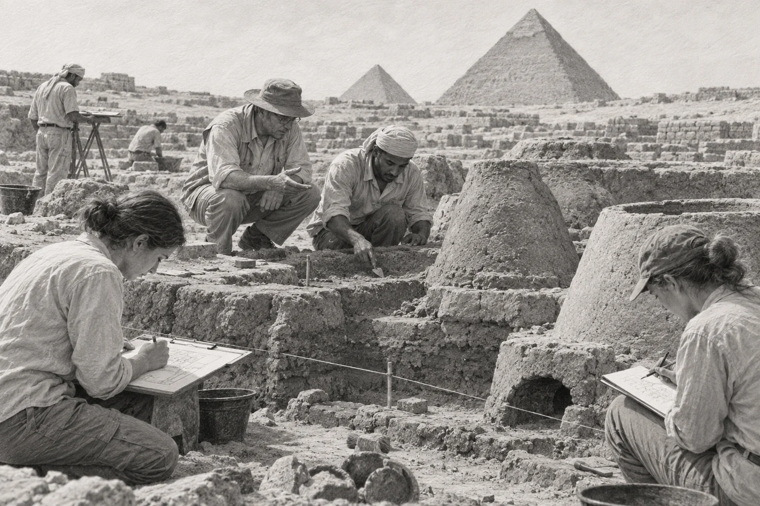 Formation de terrain auprès des archéologues égyptiens — dessin photographique de reconstitution en noir et blanc