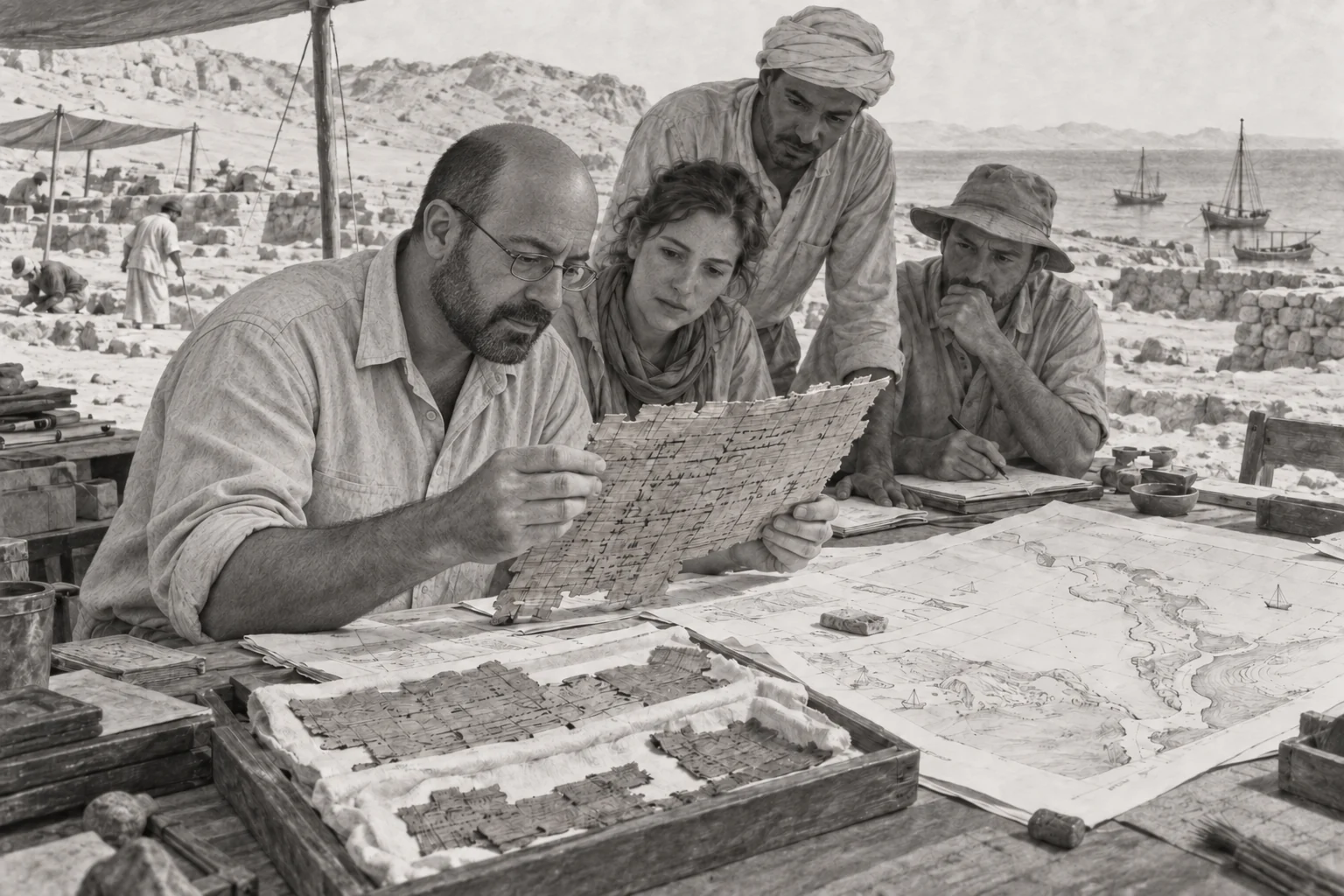 Étude de fragments de papyrus et de plans de la mer Rouge — dessin photographique de reconstitution en noir et blanc
