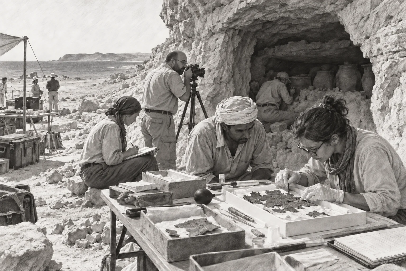 Enregistrement des galeries du Ouadi el-Jarf — dessin photographique de reconstitution en noir et blanc