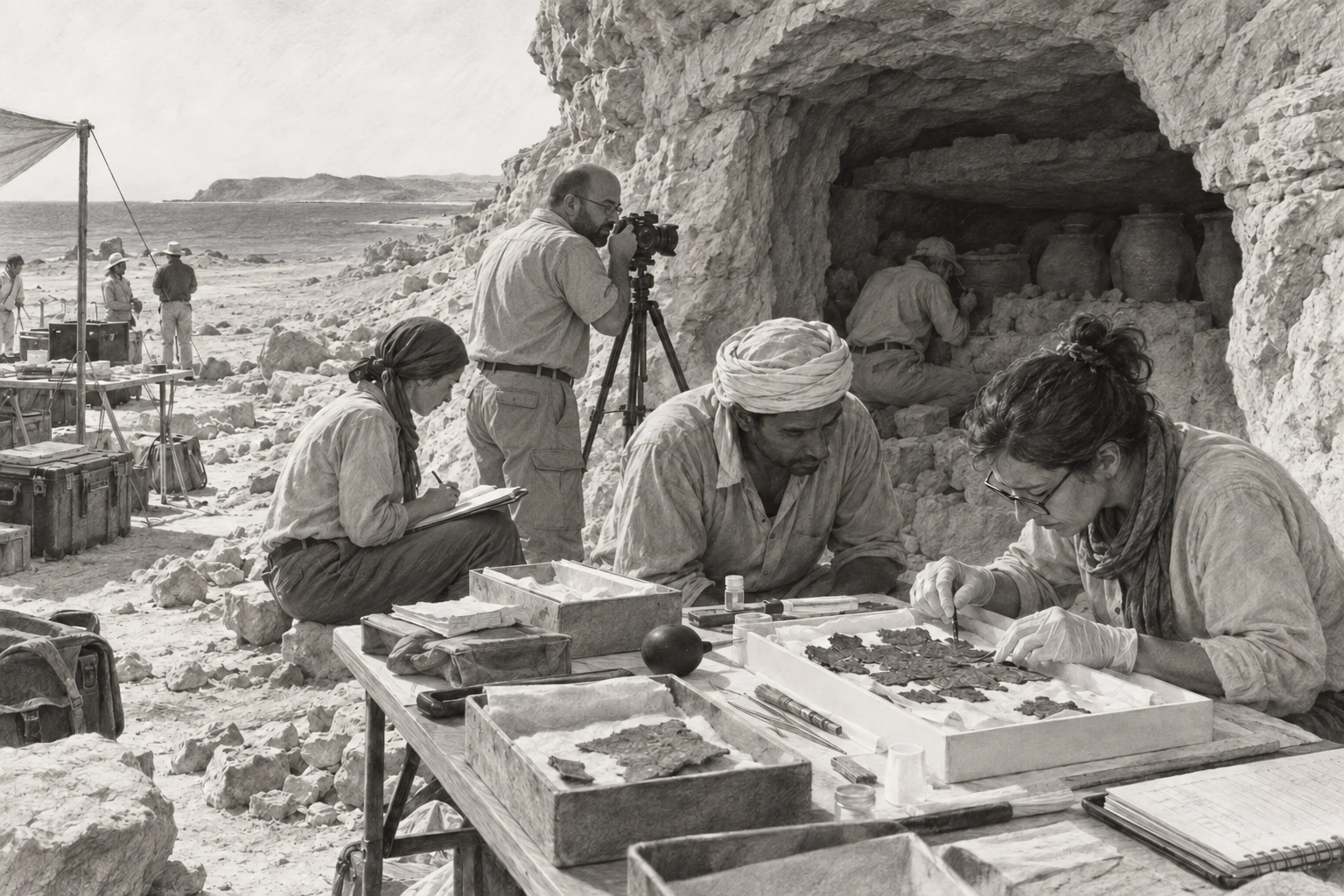 Enregistrement des galeries du Ouadi el-Jarf — dessin photographique de reconstitution en noir et blanc