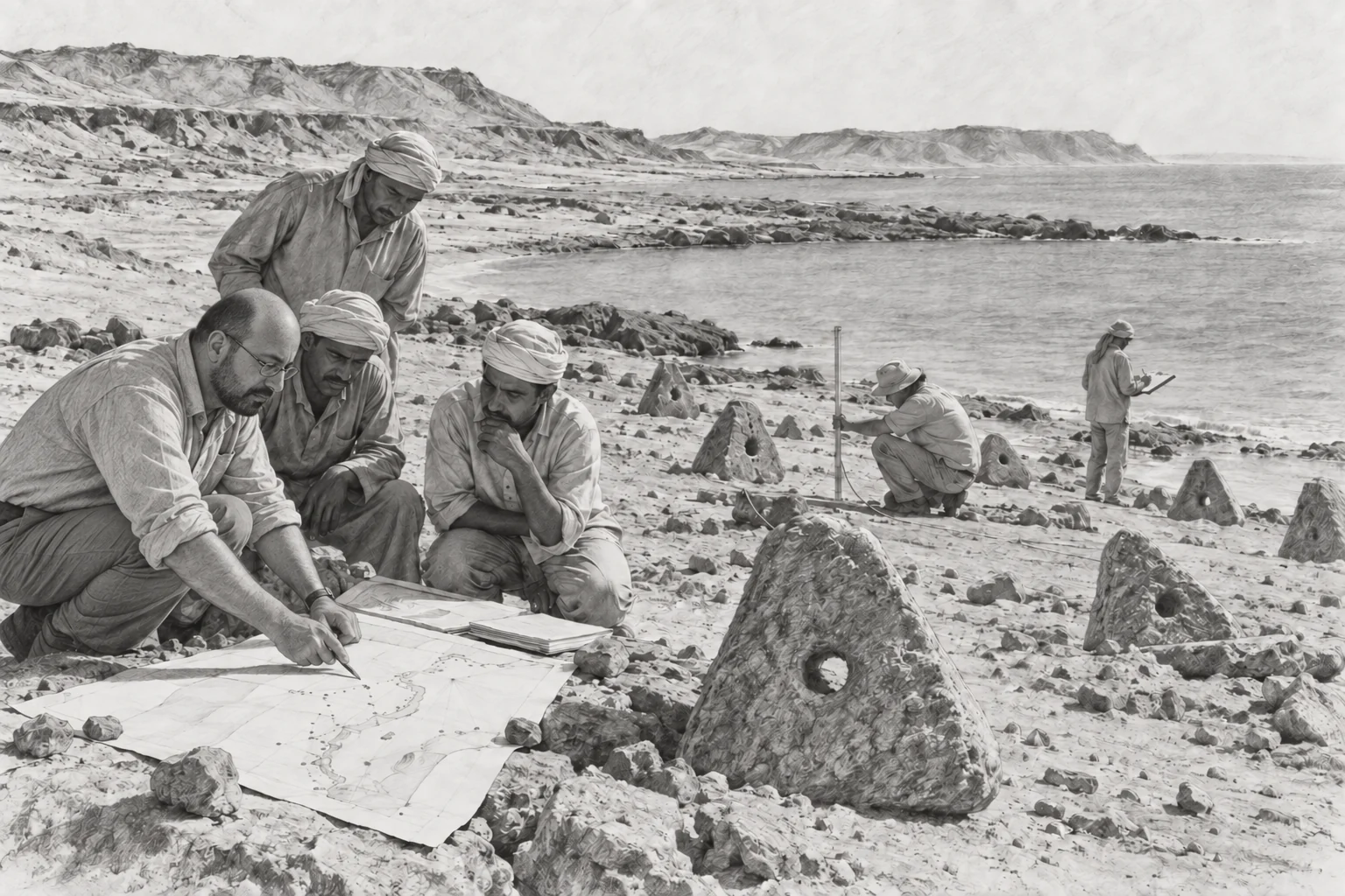 Relevé des installations portuaires sur la côte de la mer Rouge — dessin photographique de reconstitution en noir et blanc