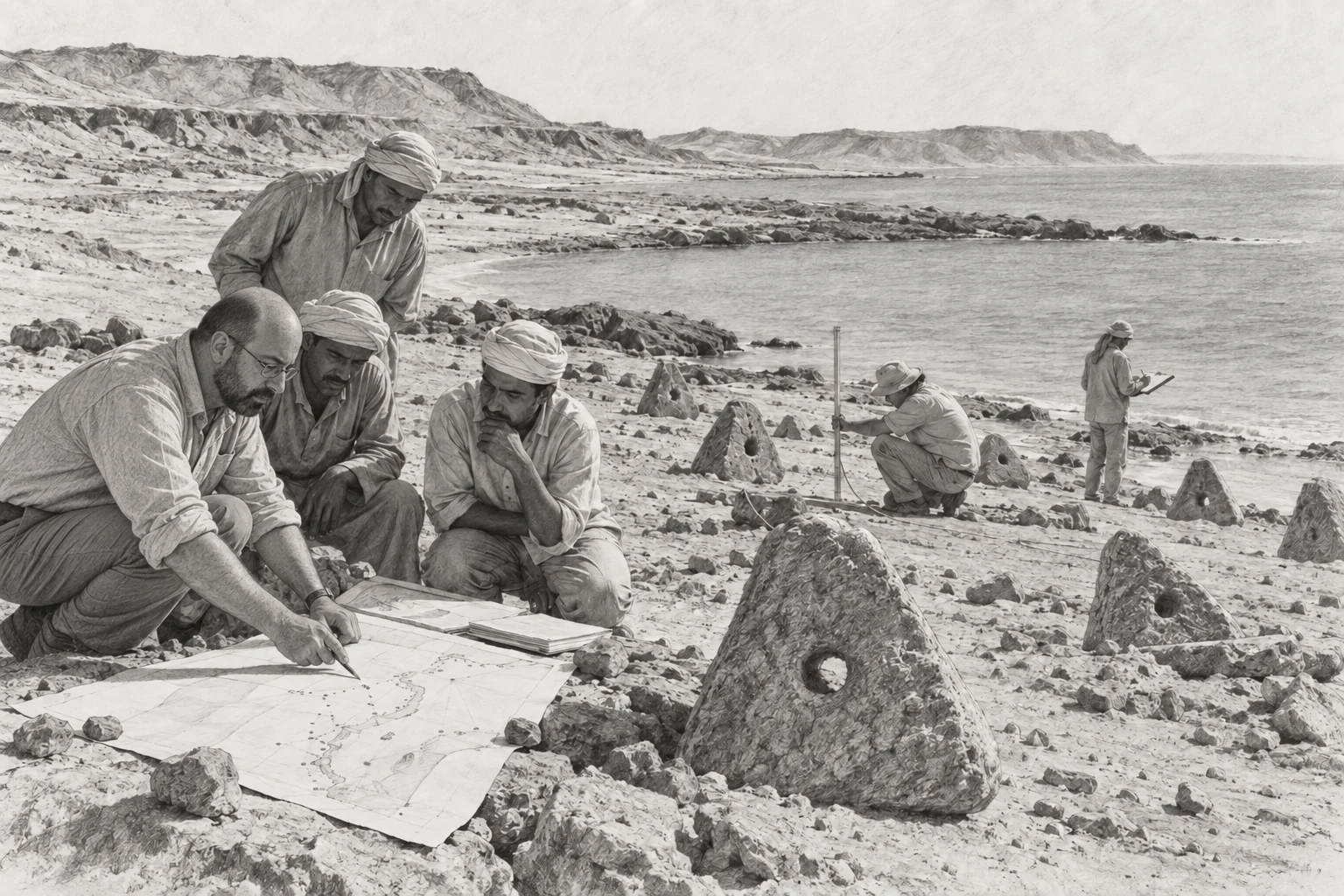 Relevé des installations portuaires sur la côte de la mer Rouge — dessin photographique de reconstitution en noir et blanc