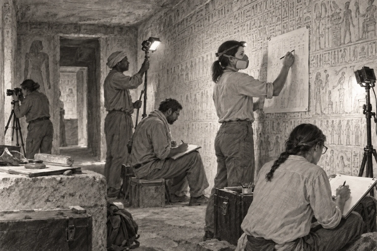 La mission épigraphique compare les signes conservés sur la paroi. Masque de protection et lampe frontale en galerie — dessin photographique de reconstitution en noir et blanc
