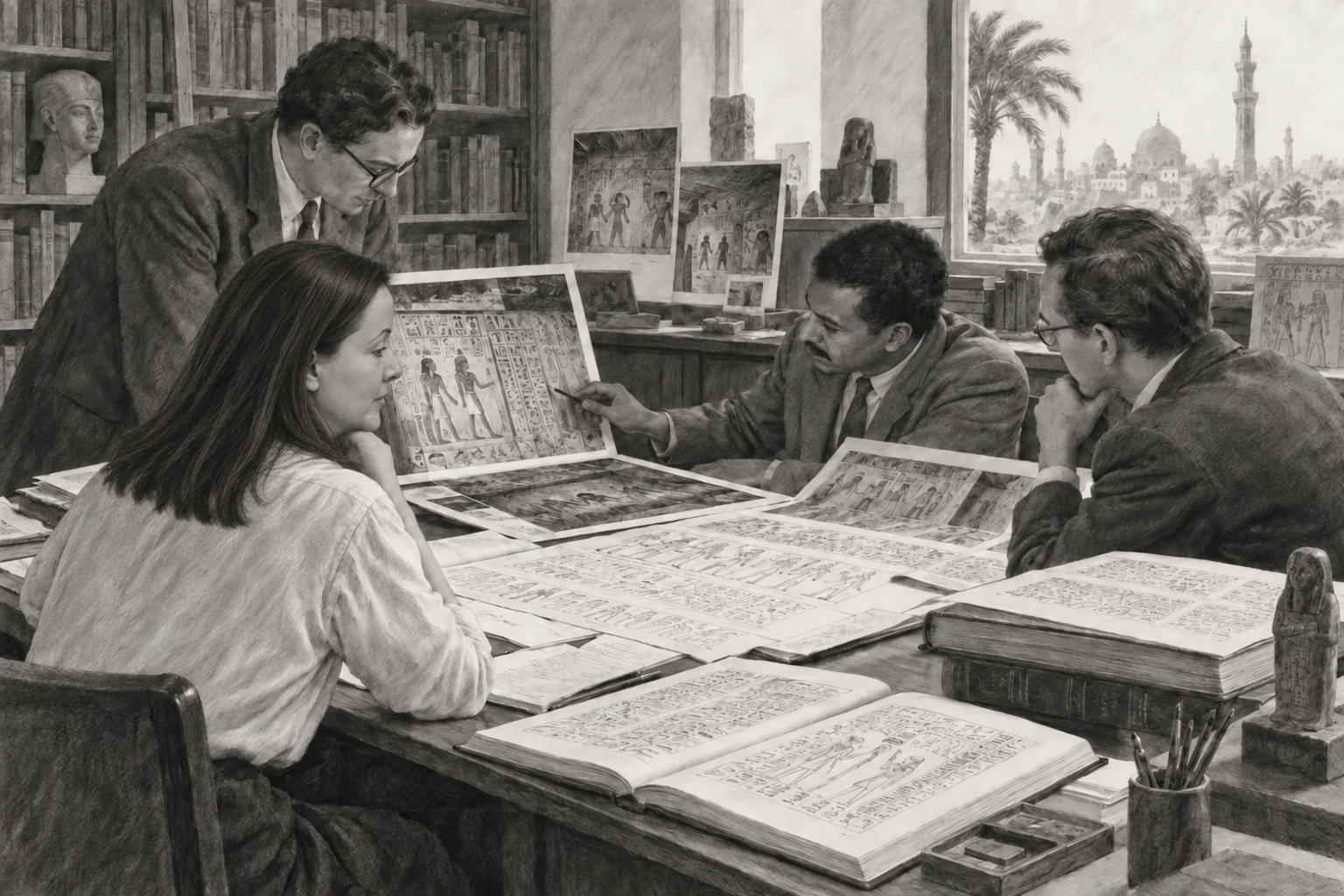 Étude collective des photographies et des copies de textes funéraires — dessin photographique de reconstitution en noir et blanc